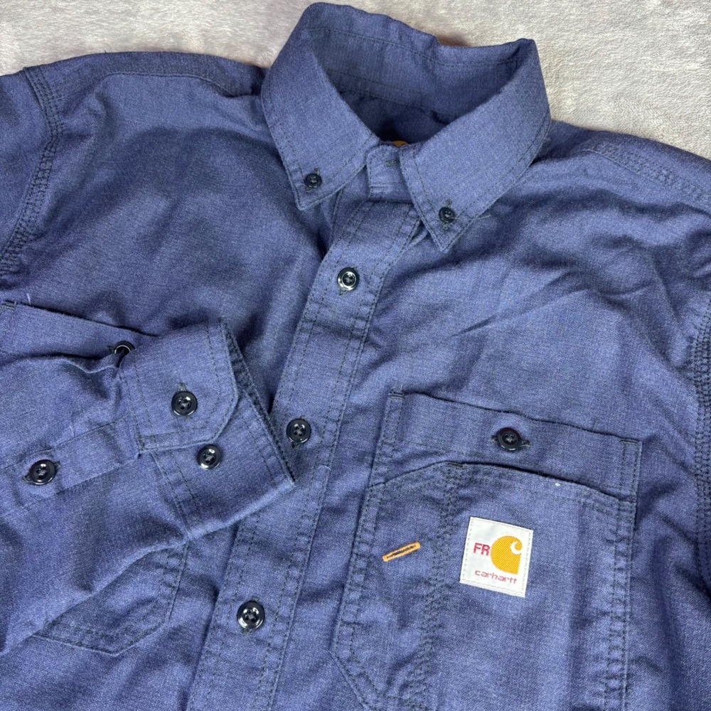 Carhartt FR Shirt Mens Small Blue Flame Resistant Work Button Down 104138 cat 2